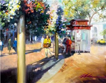 A sun-drenched street scene with a bus stop and pedestrians under colorful trees.