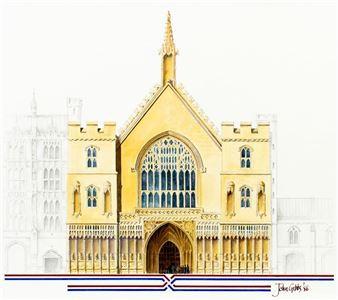 A colorful architectural illustration of a Gothic cathedral with a white background.