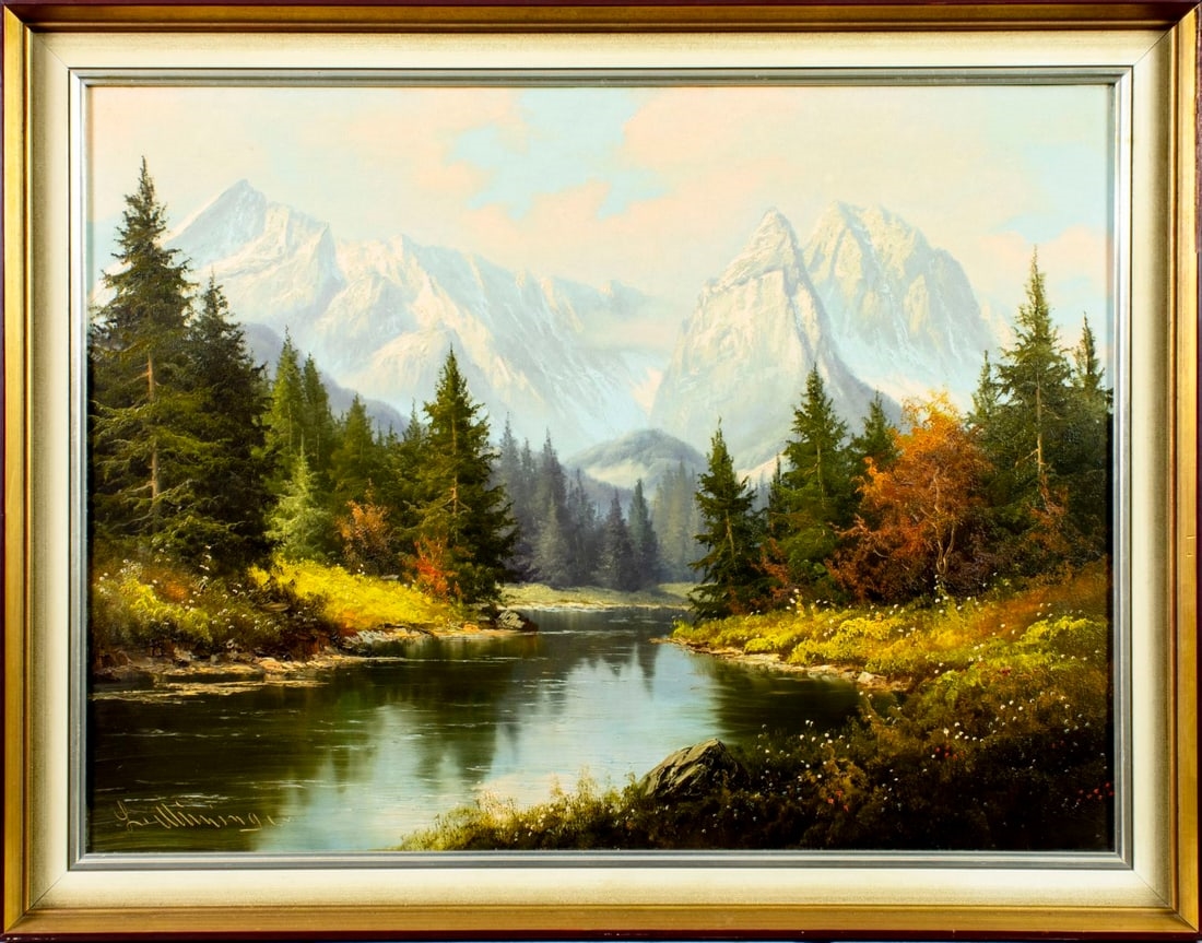 A serene landscape painting featuring a winding river, dense pine forests, and majestic snow-capped mountains under a soft sky.
