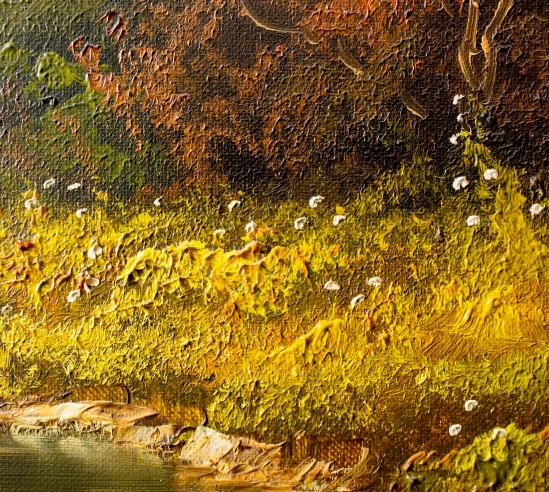 A serene landscape painting featuring a winding river, dense pine forests, and majestic snow-capped mountains under a soft sky.