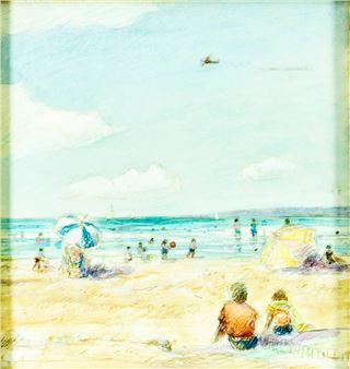A watercolor beach scene depicting a relaxed day at the shore with figures enjoying the sun and sea.