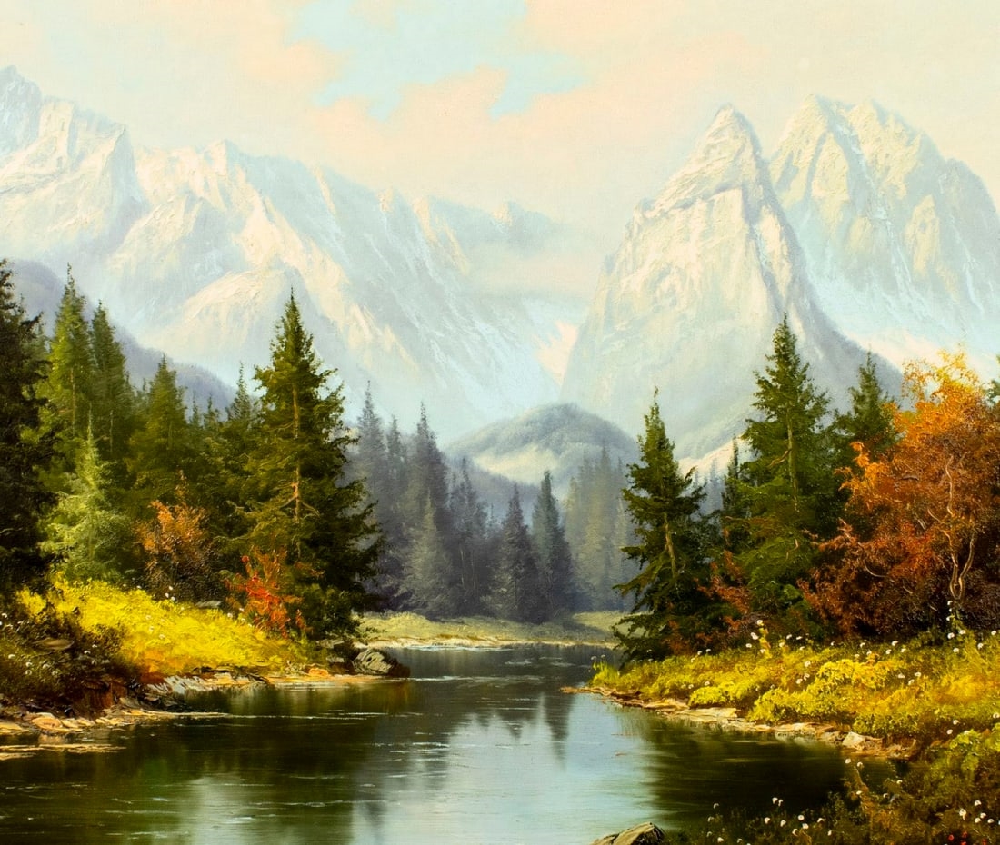 A serene landscape painting featuring a winding river, dense pine forests, and majestic snow-capped mountains under a soft sky.