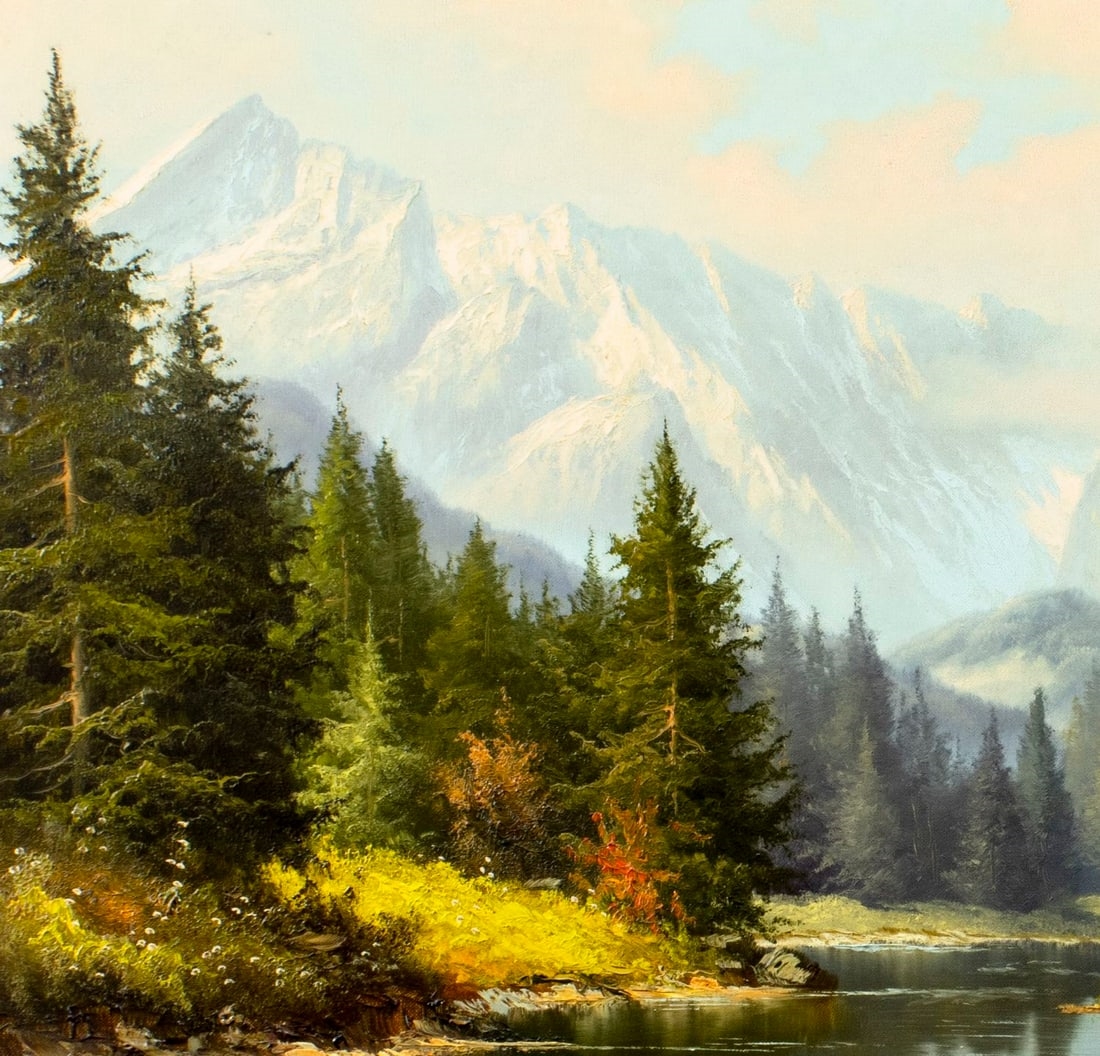 A serene landscape painting featuring a winding river, dense pine forests, and majestic snow-capped mountains under a soft sky.