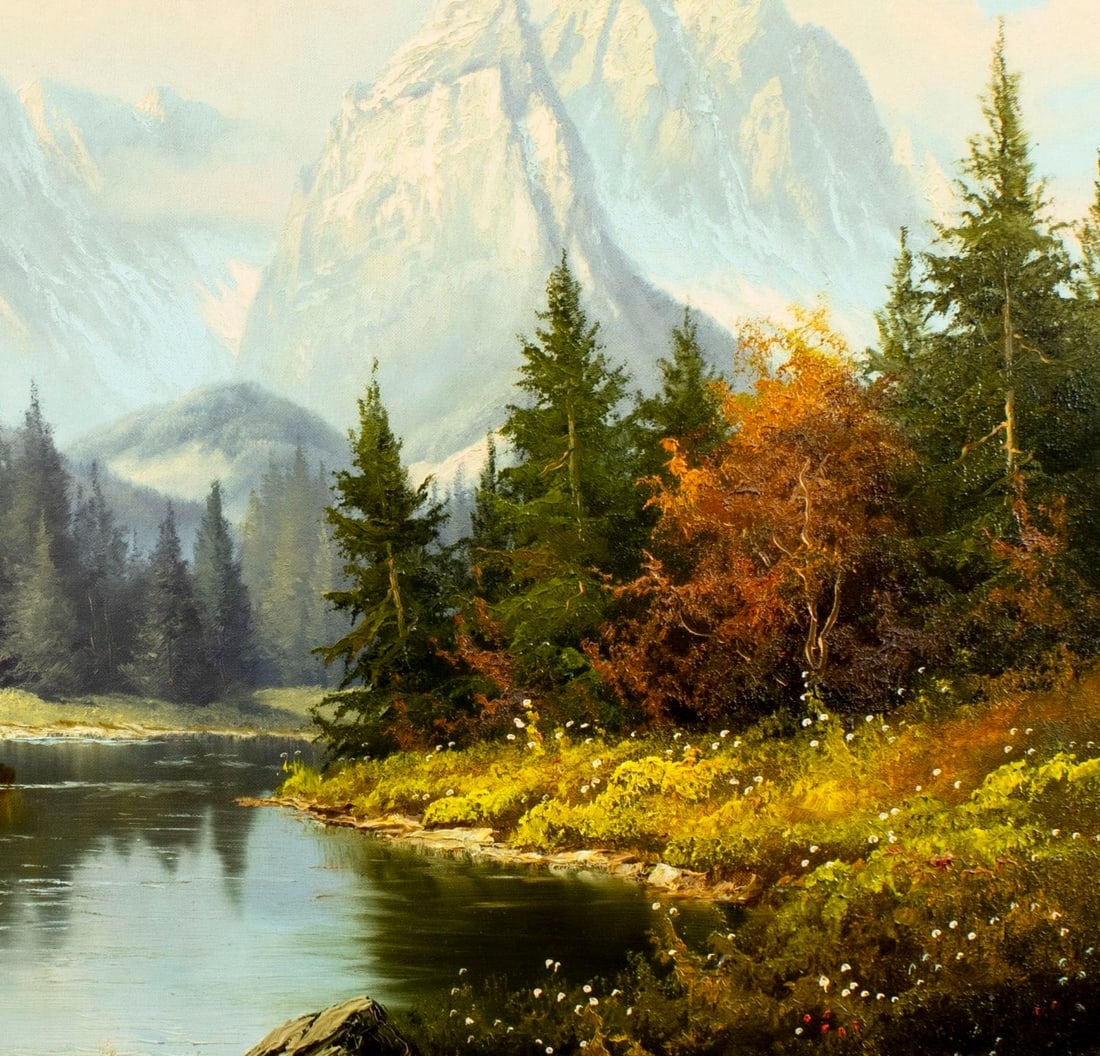 A serene landscape painting featuring a winding river, dense pine forests, and majestic snow-capped mountains under a soft sky.