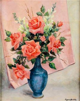 A still life painting of pink roses in a blue vase against a draped pink background.