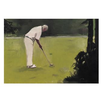A figure in white attire bends over a green field to strike a small ball with a long stick.