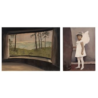 A diptych painting juxtaposing a serene landscape view with a solitary figure in white.