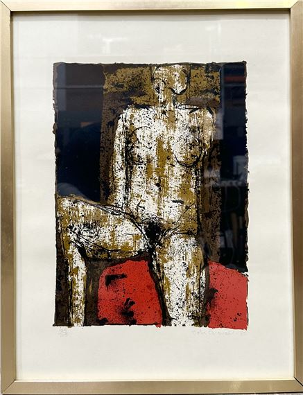 "A bold, graphic print of a seated figure rendered in textured earth tones against a stark red base."