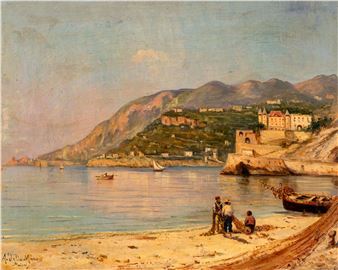 A serene coastal landscape featuring a sandy beach, calm waters, and distant hills under a soft sky.