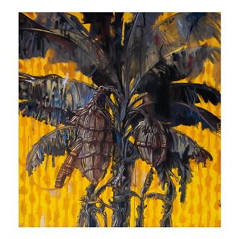 A dramatic painting of a banana tree with dark, textured leaves against a vibrant yellow background.