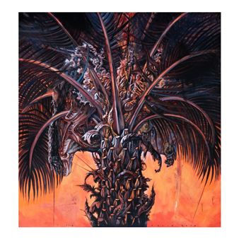 A surreal, darkly detailed painting of a palm tree with an alien-like face emerging from its crown.