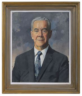 A formal portrait of a man in a suit and tie, rendered with realistic detail against a muted background.
