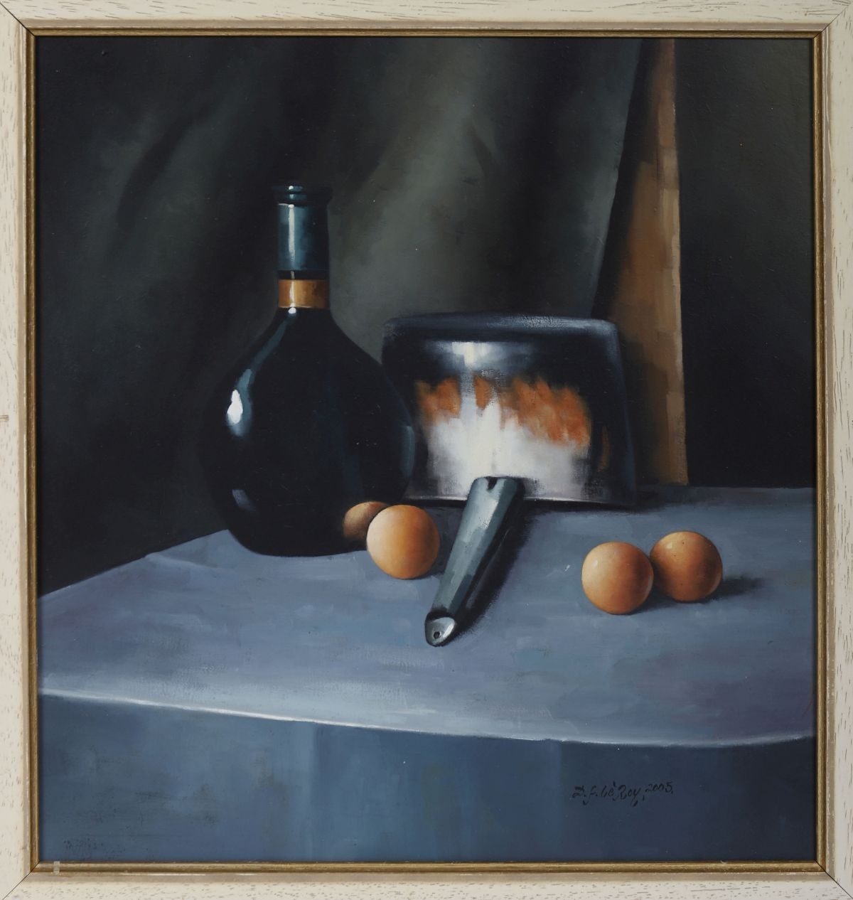 A still life painting featuring a dark bottle, a reflective cube, and small round objects on a draped table.