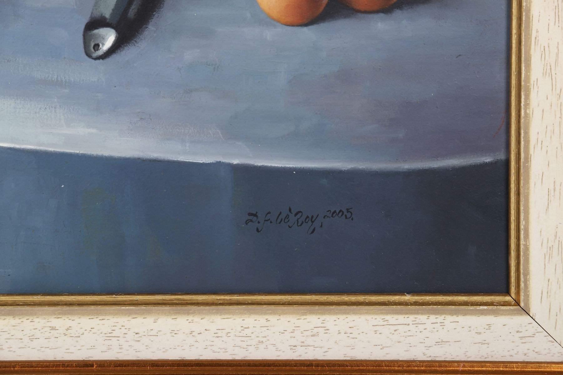 A still life painting featuring a dark bottle, a reflective cube, and small round objects on a draped table.