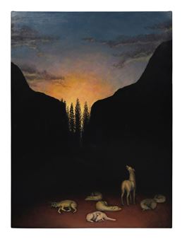 A nocturnal valley scene featuring a herd of animals resting beneath a glowing sunset.