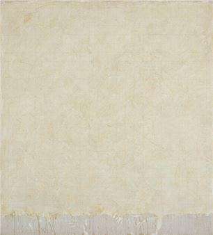 A minimalist abstract piece featuring a textured beige surface with a rough, white horizontal band at the bottom.