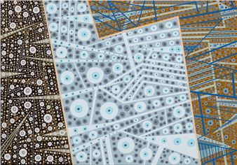 A geometric abstract composition featuring repeating circular patterns across three distinct color zones.