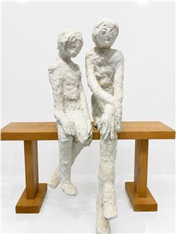 A textured sculpture of two figures sitting on a wooden bench.