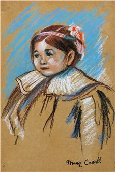 A pastel portrait of a young figure with a ruffled collar and flower in hair.