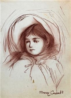 A sketch of a young figure in a bonnet with soft, expressive lines.