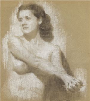 A monochromatic drawing of a figure with crossed arms and a soft, textured background.