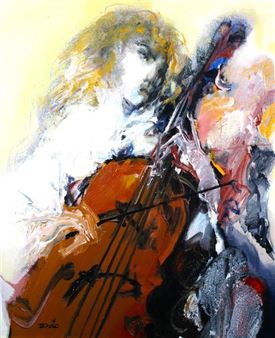 An expressive portrait of a figure playing a cello in a loose, impressionistic style.