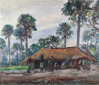 A rustic thatched-roof hut nestled among tall palm trees under a soft sky.