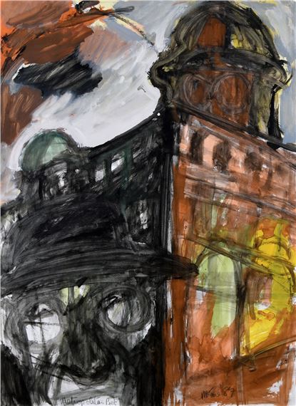 A dynamic, expressive painting of a city street scene featuring a figure in a hat and a tall building.