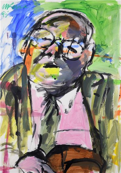 A vibrant, expressive portrait of a figure in a suit against a colorful abstract background.