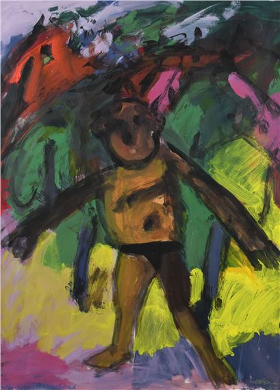 A vibrant, abstract painting of a figure in a black garment against a chaotic background of bold colors.