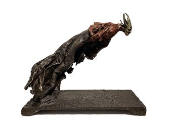 A dramatic bronze sculpture of a figure in mid-leap, featuring a textured, organic form and a small insect at the apex.