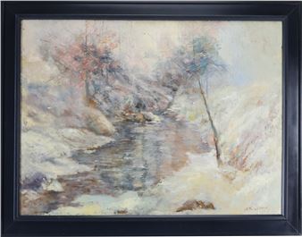 A soft, impressionistic winter landscape featuring a winding stream through snow-covered banks.