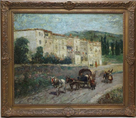 Impressionist European village street scene with horse drawn carriage and figures - Paul King