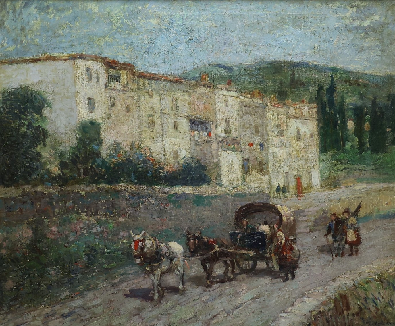 A sun-drenched rural scene with a horse-drawn carriage and white buildings under a blue sky.