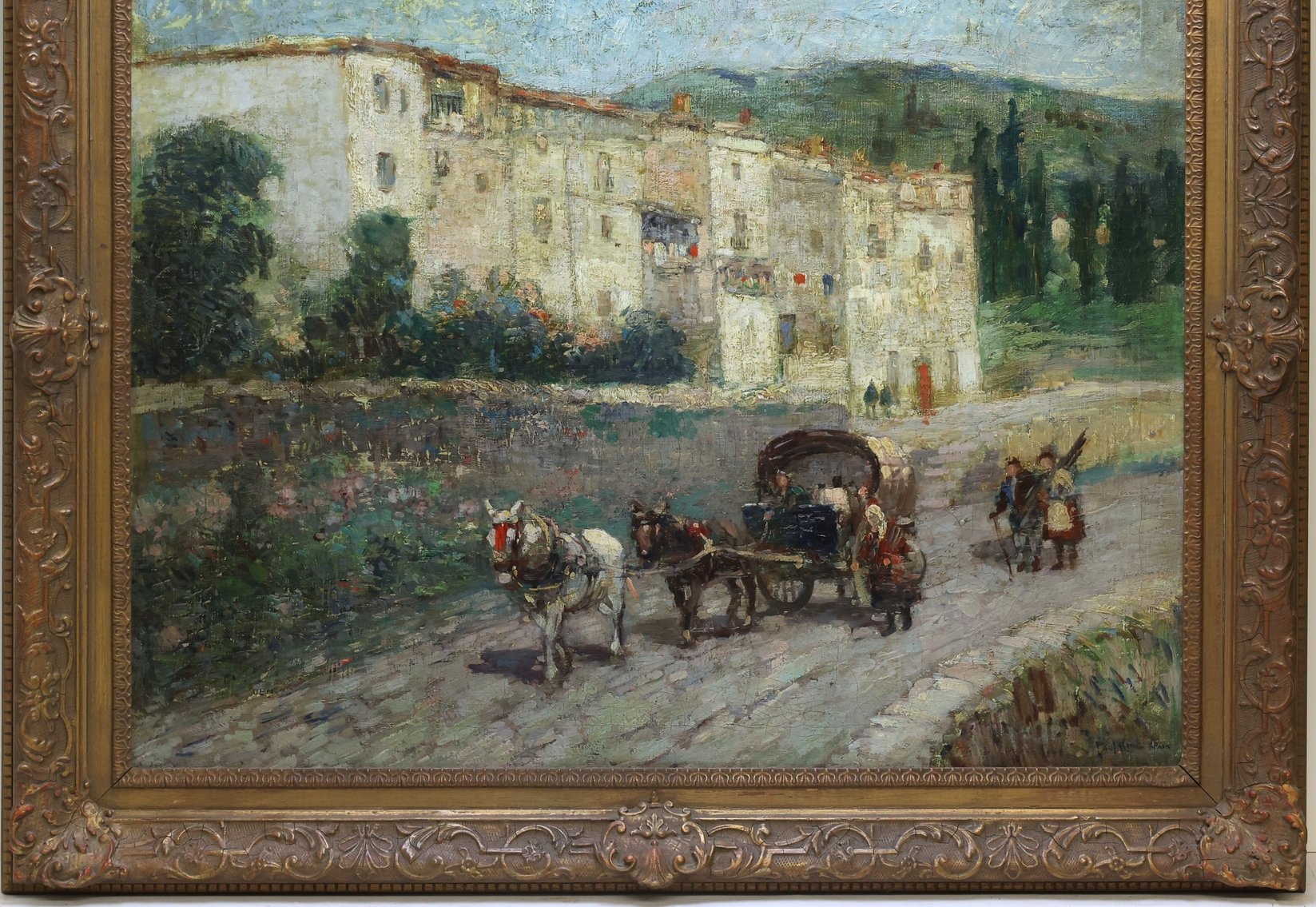 A sun-drenched rural scene with a horse-drawn carriage and white buildings under a blue sky.