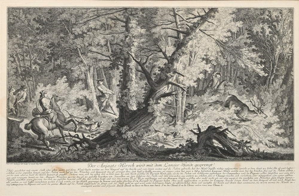 A set of four framed black-and-white etchings depicting forest scenes with figures.