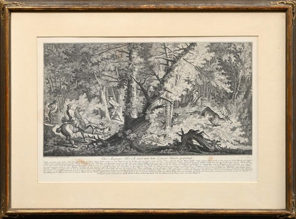 A set of four framed black-and-white etchings depicting forest scenes with figures.