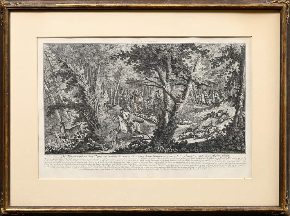 A set of four framed black-and-white etchings depicting forest scenes with figures.