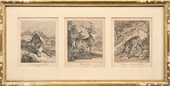 A triptych of engraved deer scenes in a gold frame.