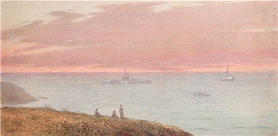 A serene seascape at twilight featuring three figures on a cliff overlooking ships on the horizon.