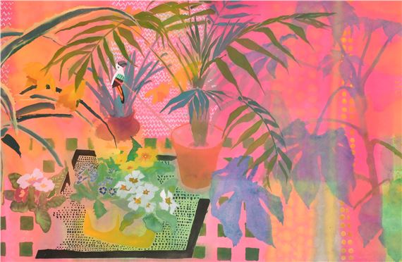A vibrant still life featuring potted plants and flowers against a bold pink background.
