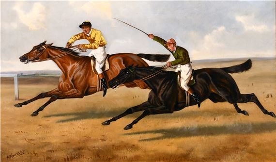 A dynamic race scene capturing two jockeys in mid-stride on their horses against a flat horizon.