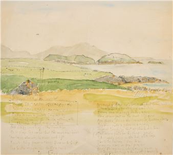 A watercolor landscape sketch of a coastal scene with handwritten text overlay.