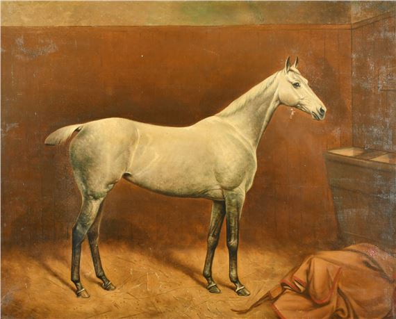 A classical painting of a white horse standing in a stable.