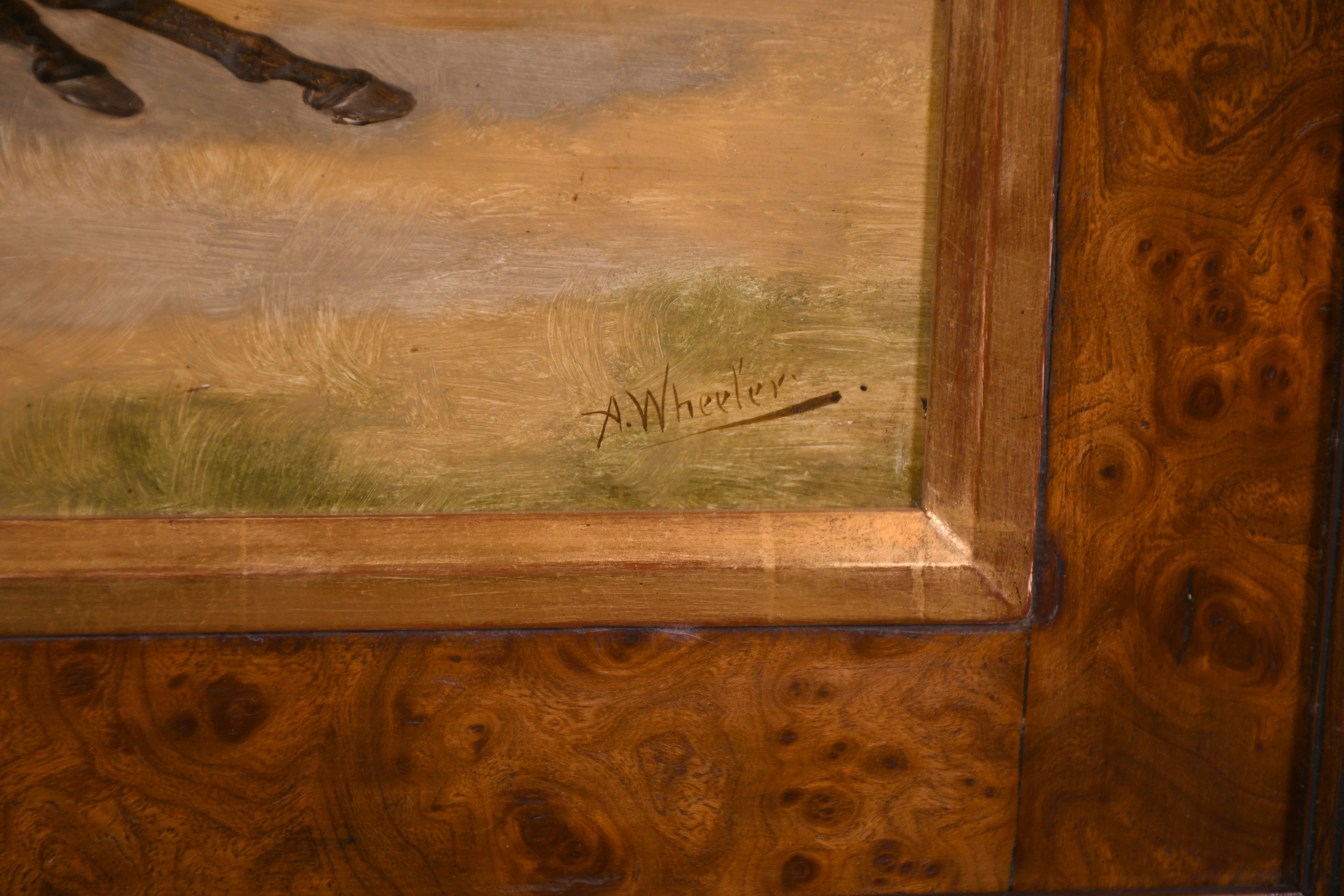 A dynamic oil painting of a horse race featuring two jockeys competing on a dirt track.