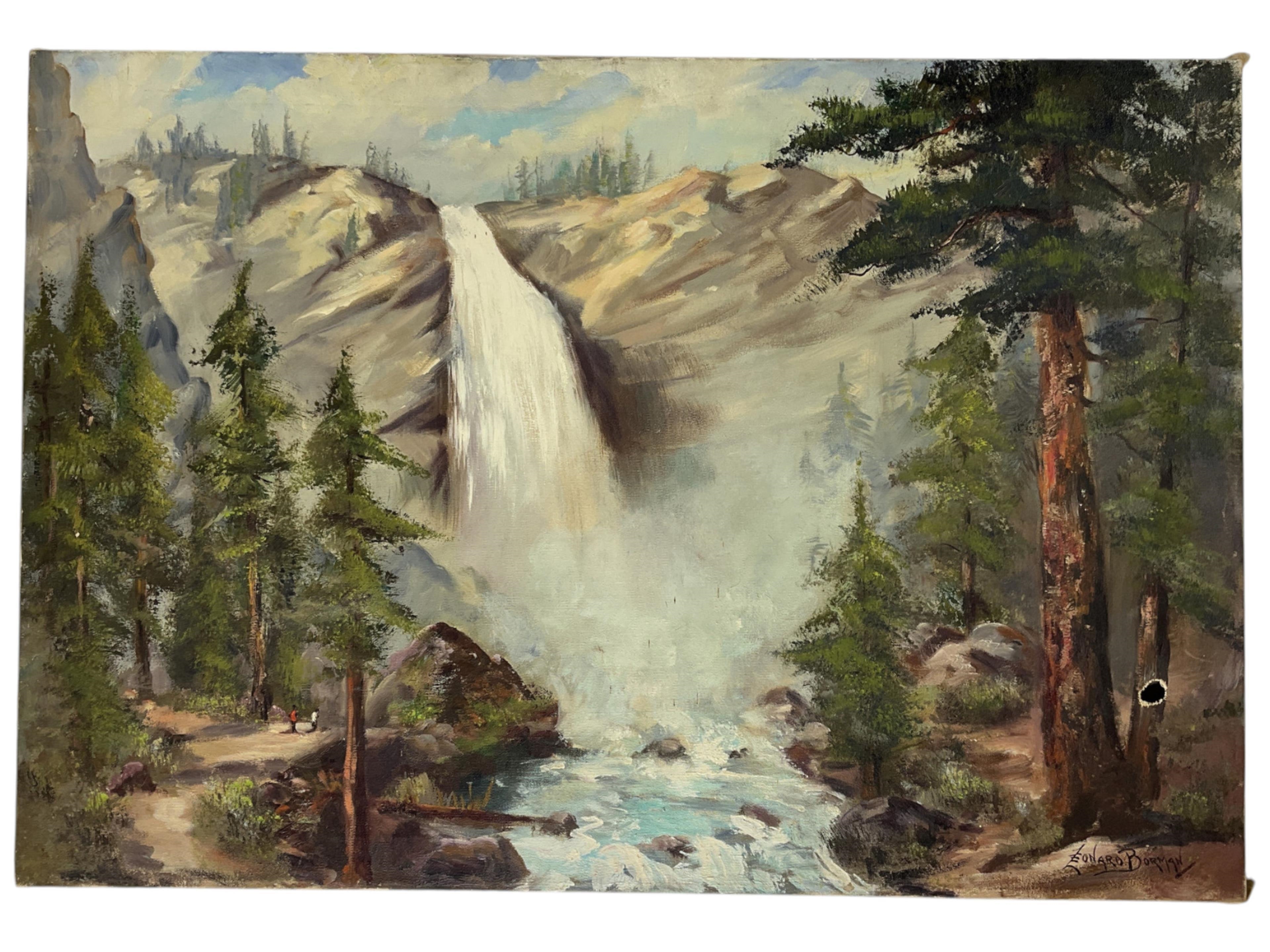 A landscape painting of a powerful waterfall cascading down rocky cliffs into a forested valley.