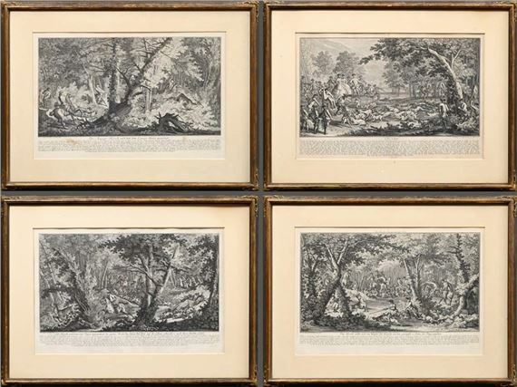 A set of four framed black-and-white etchings depicting forest scenes with figures.