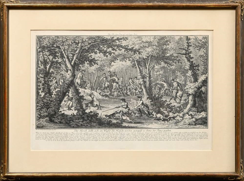 A set of four framed black-and-white etchings depicting forest scenes with figures.