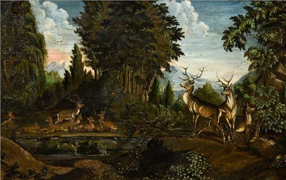 A pastoral landscape painting featuring a herd of deer in a forested valley with distant mountains.