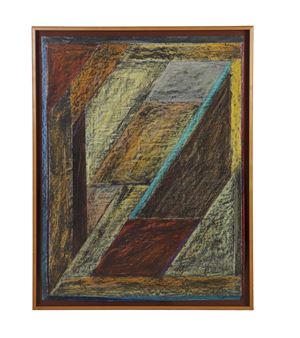 An abstract geometric composition featuring layered planes in earthy tones and a striking teal accent.